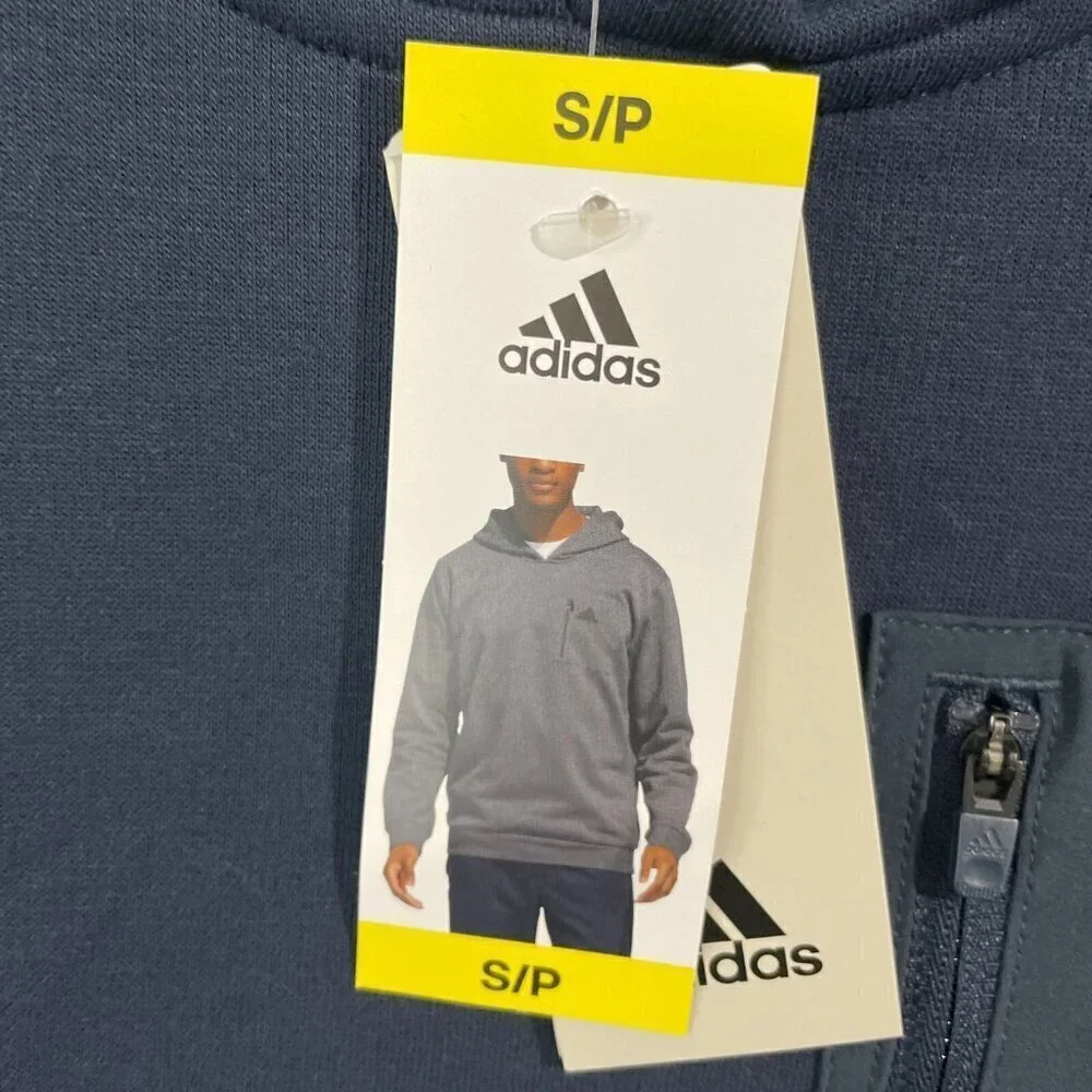 NEW Adidas Men's S Blue Hooded Sweatshirt With Zip Pocket 100% Polyester